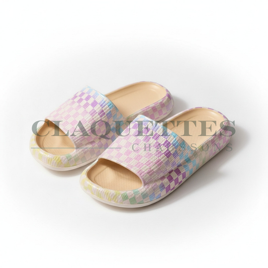 Claquettes Femme | Damier beige